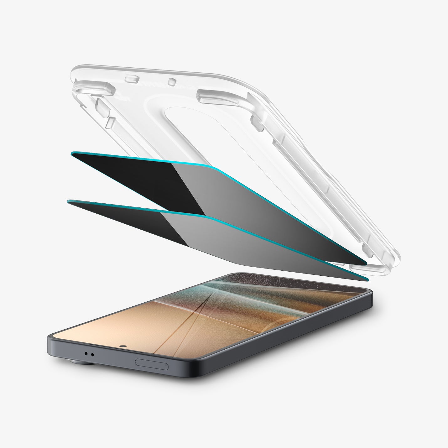 AGL11093 - Galaxy S26 GLAS.tR EZ Fit Pro | Privacy showing the installation tray partially hovering above the screen protector and the device