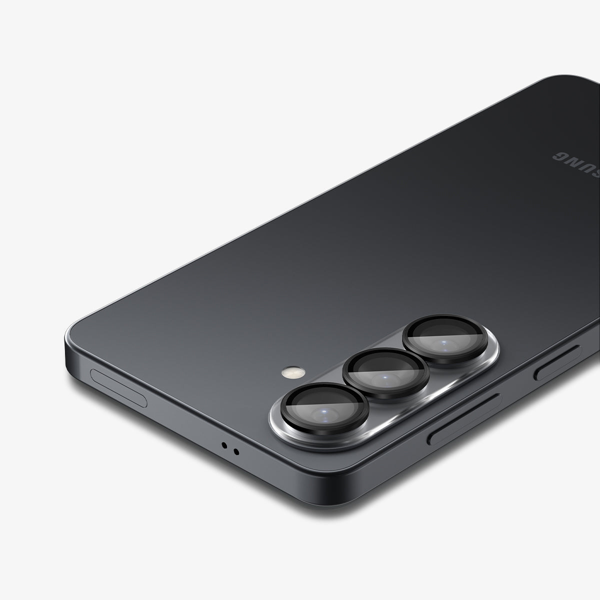 AGL11082 - Galaxy S26 Plus Optik EZ Fit Lens Pro Protector showing the partial back, partial top and side with lens screen protector installed