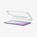 AGL11954 - Galaxy Tab S12+ Glas.tR EZ Fit Pro showing the screen protector aligned above the tablet with the clear installation tray for precise placement.