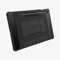 ACS09381 - Galaxy Tab S10 FE+ Case Rugged Armor Pro in Matte Black showing the back, partial bottom with S Pen attached at the back