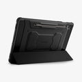 ACS09380 - Galaxy Tab S10 FE Case Rugged Armor Pro in Matte Black showing the back, partial side with front cover converted into a stand