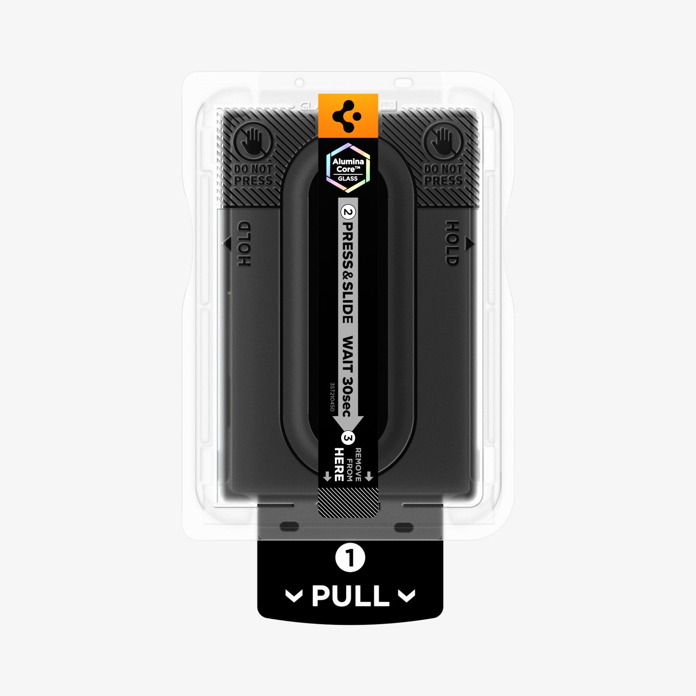 AGL11759 - Galaxy Z Fold 8 GLAS.tR EZ Fit Pro showing a top-down view of the installation tray with "DO NOT PRESS," "HOLD," and "PULL" markings.