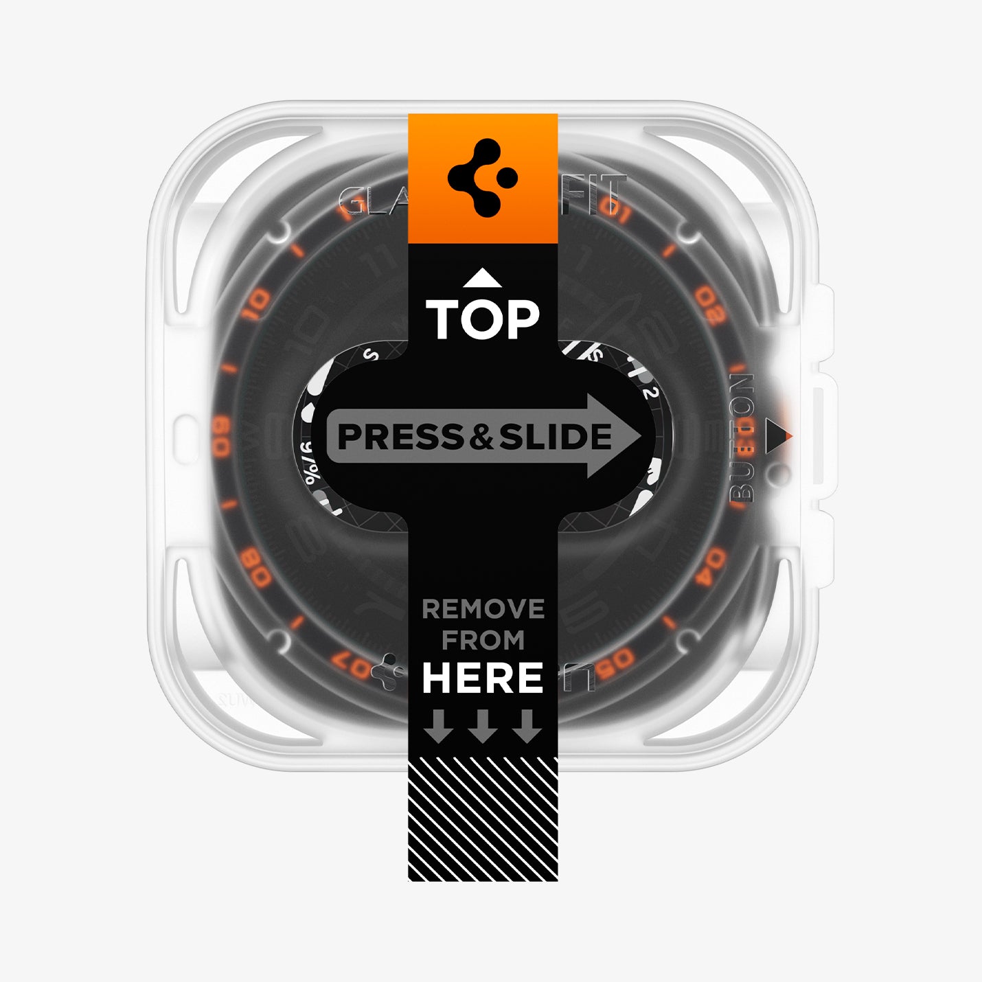 AGL11758 - Galaxy Watch Ultra Series - GLAS.tR EZ Fit showing a close-up of the EZ Fit installation tray with "TOP," "PRESS & SLIDE," and "REMOVE FROM HERE" markings.