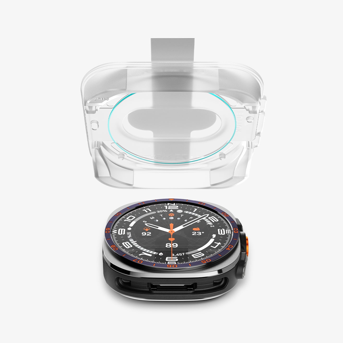 AGL11758 - Galaxy Watch Ultra Series - GLAS.tR EZ Fit showing the EZ Fit installation tray lifted above the Galaxy Watch Ultra, positioned for alignment during application.
