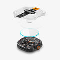 AGL11758 - Galaxy Watch Ultra Series - GLAS.tR EZ Fit showing an exploded view of the EZ Fit tray, protective liner, tempered glass, and Galaxy Watch Ultra in installation order.
