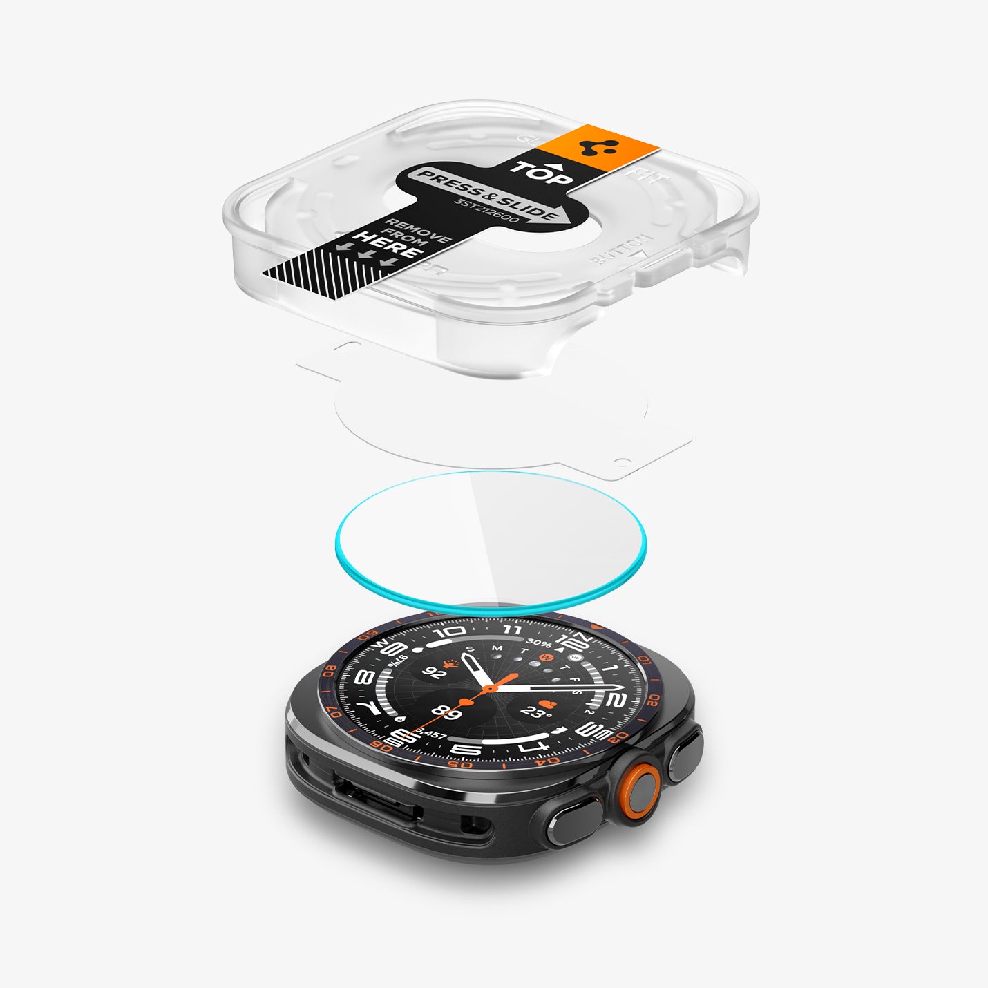 AGL11758 - Galaxy Watch Ultra Series - GLAS.tR EZ Fit showing an exploded view of the EZ Fit tray, protective liner, tempered glass, and Galaxy Watch Ultra in installation order.