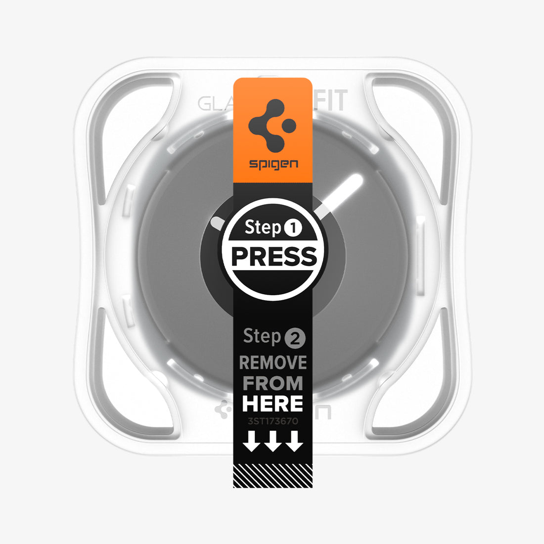 AGL09876 - Galaxy Watch 9 (44mm) GLAS.tR EZ Fit showing top-down view of Galaxy Watch 9 (44mm) EZ Fit applicator tray with Step 1 Press and Step 2 Remove instructions