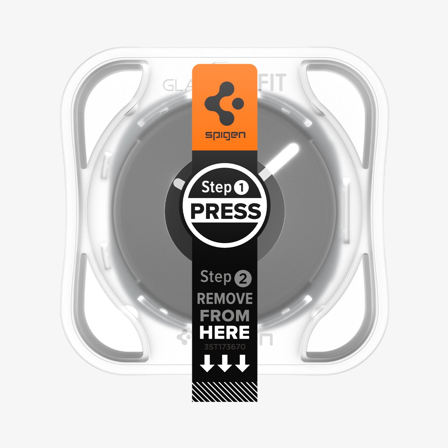 AGL09876 - Galaxy Watch 9 (44mm) GLAS.tR EZ Fit showing top-down view of Galaxy Watch 9 (44mm) EZ Fit applicator tray with Step 1 Press and Step 2 Remove instructions