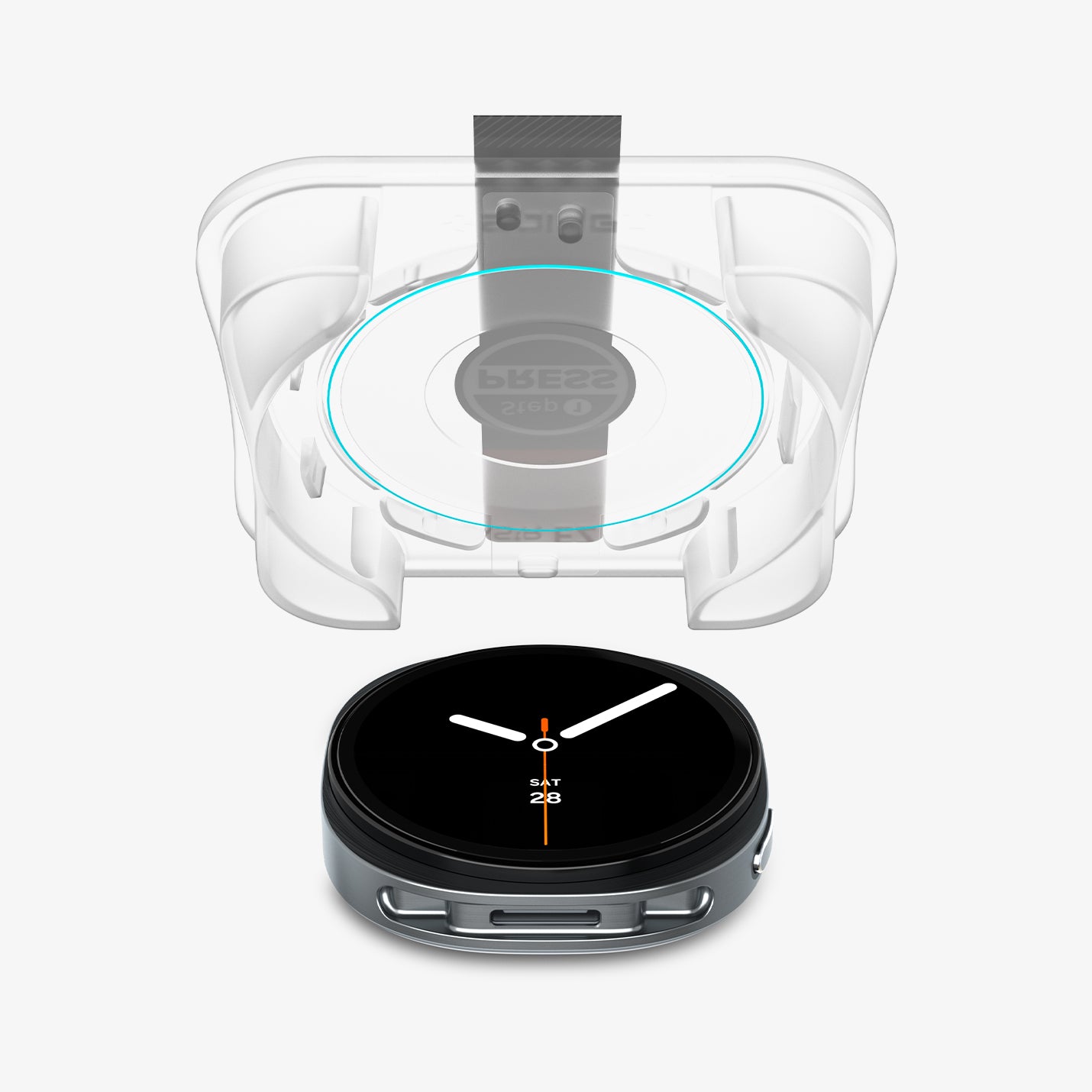 AGL09874 - Galaxy Watch 9 (40mm) GLAS.tR EZ Fit showing Galaxy Watch 9 (40mm) EZ Fit applicator tray aligned above the watch, showing alignment ring and mirrored steps