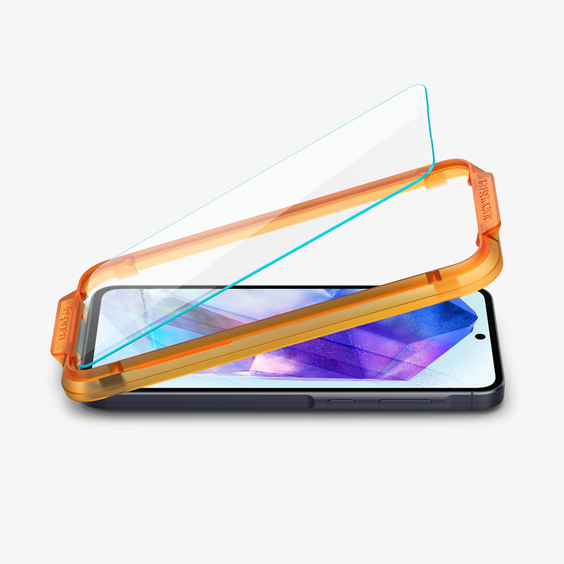 AGL07775 - Galaxy A55 5G Alignmaster Full Cover in Clear showing the screen protector partially hovering above the alignment tray and the device on a flat surface