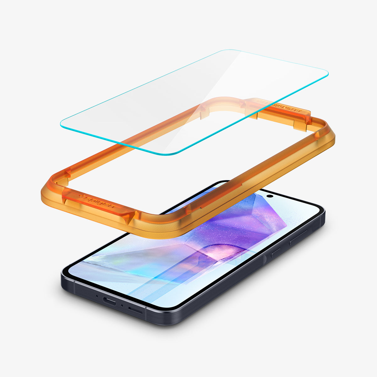 AGL07775 - Galaxy A55 5G Alignmaster Full Cover in Clear showing the screen protector hovering above the alignment tray and the device