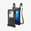 ACS09348 - AquaShield Waterproof Case (2 Pack) | A611P Matte Black front and rear dual render of waterproof phone pouch in matte black with adjustable lanyard carabiner clips and bottom locking bar with phone inserted