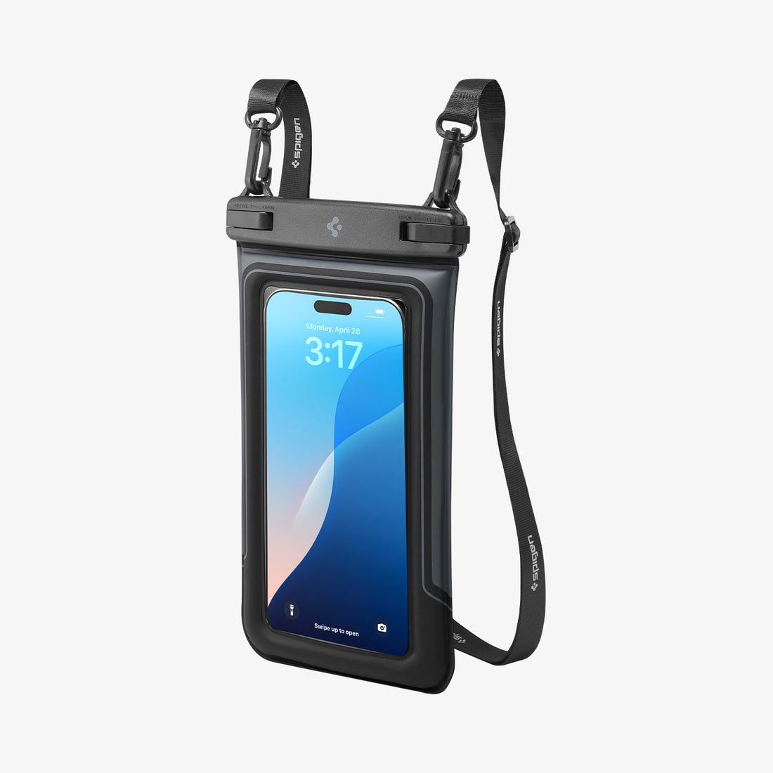 ACS09348 - AquaShield Waterproof Case (2 Pack) | A611P Matte Black angled front view of waterproof phone pouch in matte black with phone inside showing lock bar carabiner strap and clear touch window