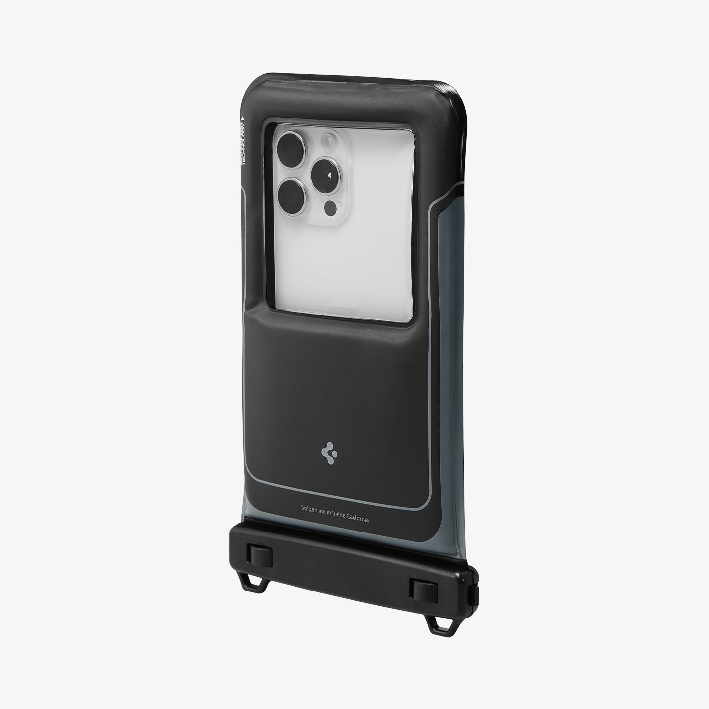 ACS09348 - AquaShield Waterproof Case (2 Pack) | A611P Matte Black angled rear view of waterproof phone pouch in matte black with clear camera window Air Cushion Technology label and bottom dual-lock bar visible