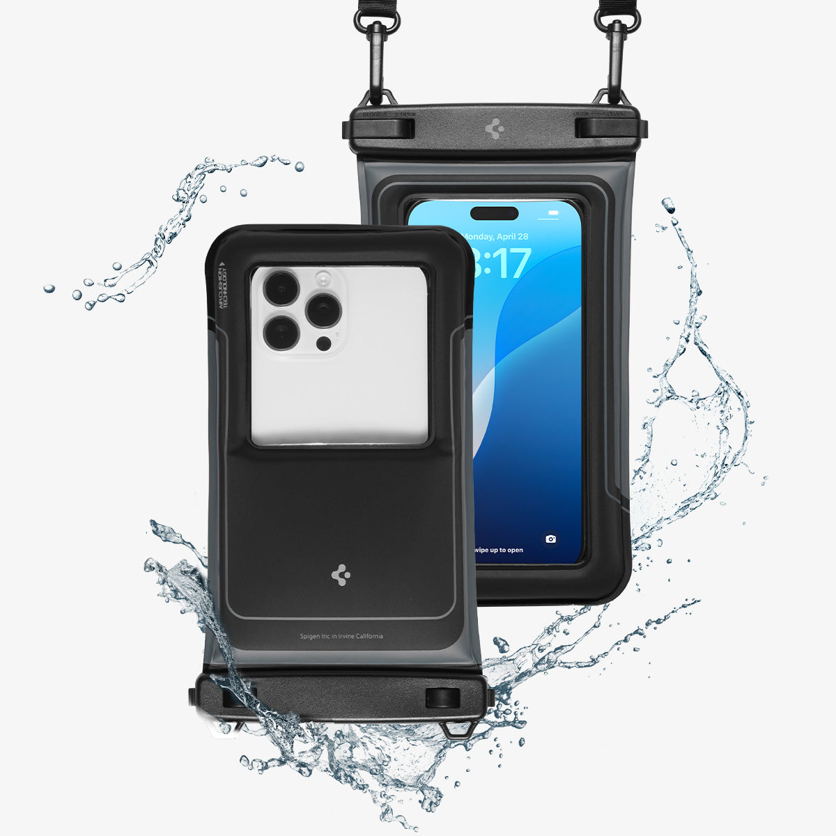 ACS09348 - AquaShield Waterproof Case (2 Pack) | A611P Matte Black front and rear dual render of waterproof phone pouch in matte black surrounded by water splashes highlighting waterproof protection