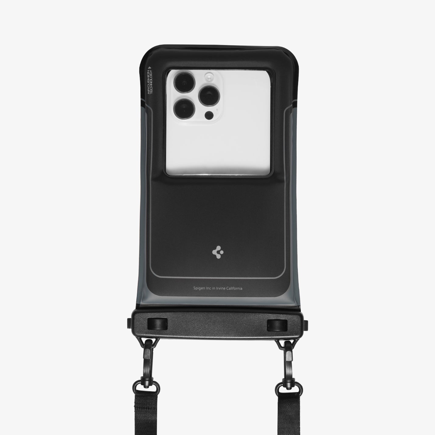 ACS09348 - AquaShield Waterproof Case (2 Pack) | A611P Matte Black rear flat view of waterproof phone pouch in matte black with clear camera cutout window bottom lock bar and dual carabiner attachment points