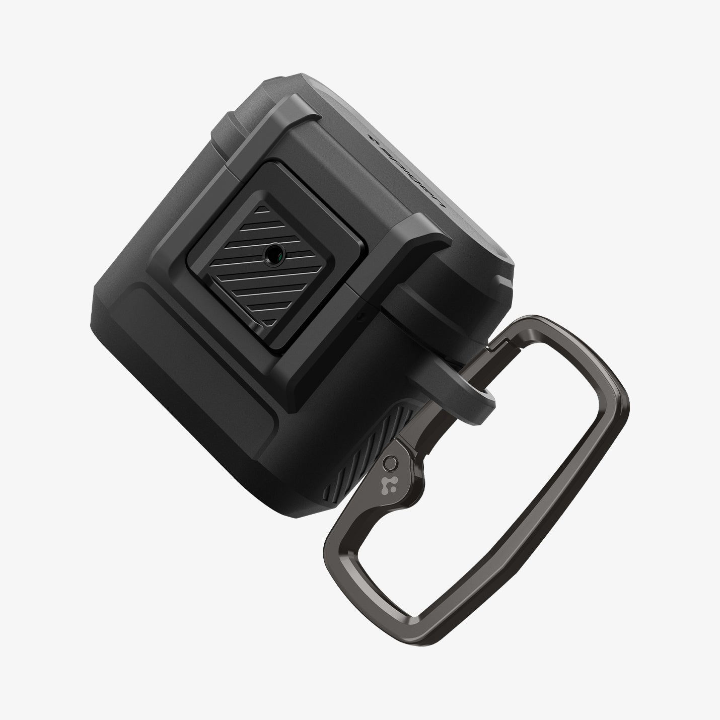 ACS09020 - AirPods 4 Case Lock Fit in Matte Black showing the front, partial side and top with carabiner