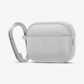 ACS11144 - AirPods Pro 3 Classic Fit case with carabiner attached, showing textured fabric-style finish and slim protective profile in heather gray