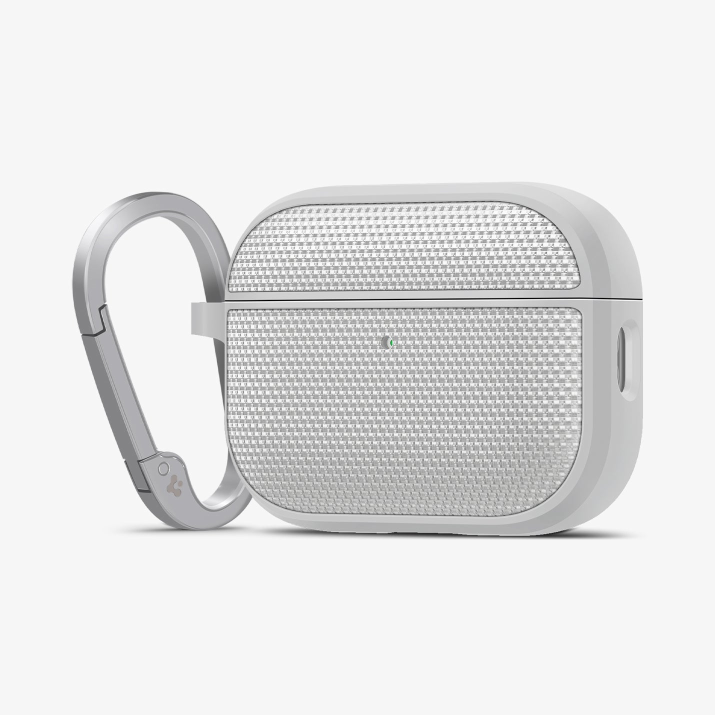 ACS11144 - AirPods Pro 3 Classic Fit case with carabiner attached, showing textured fabric-style finish and slim protective profile in heather gray