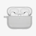 ACS11144 - AirPods Pro 3 Classic Fit case front view with lid open showing earbuds inside and textured fabric finish in heather gray