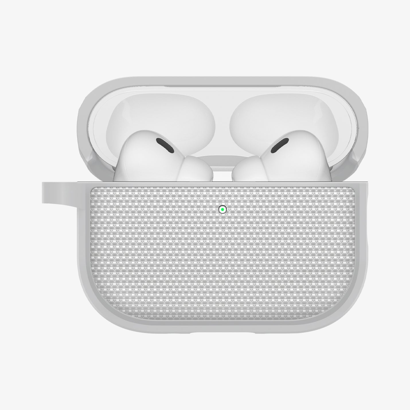 ACS11144 - AirPods Pro 3 Classic Fit case front view with lid open showing earbuds inside and textured fabric finish in heather gray