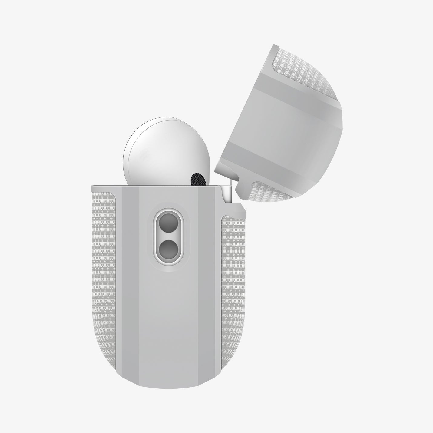 ACS11144 - AirPods Pro 3 Classic Fit case side view with lid open showing hinge detail and textured fabric panels in heather gray