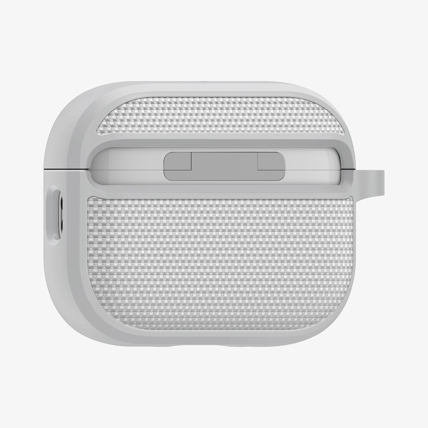 ACS11144 - AirPods Pro 3 Classic Fit case rear view showing hinge cutout and textured fabric back panel in heather gray
