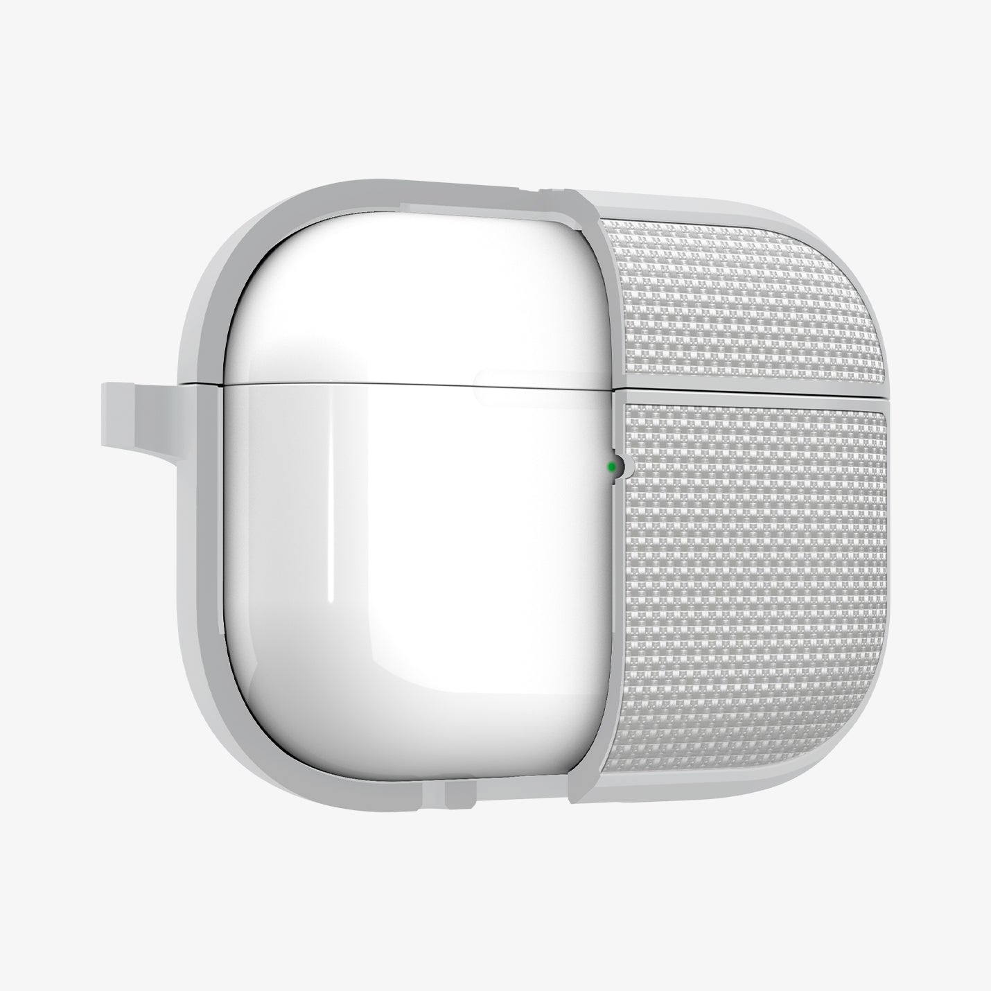 ACS11144 - AirPods Pro 3 Classic Fit case cutaway view showing inner AirPods charging case fit and LED alignment through textured fabric panel in heather gray