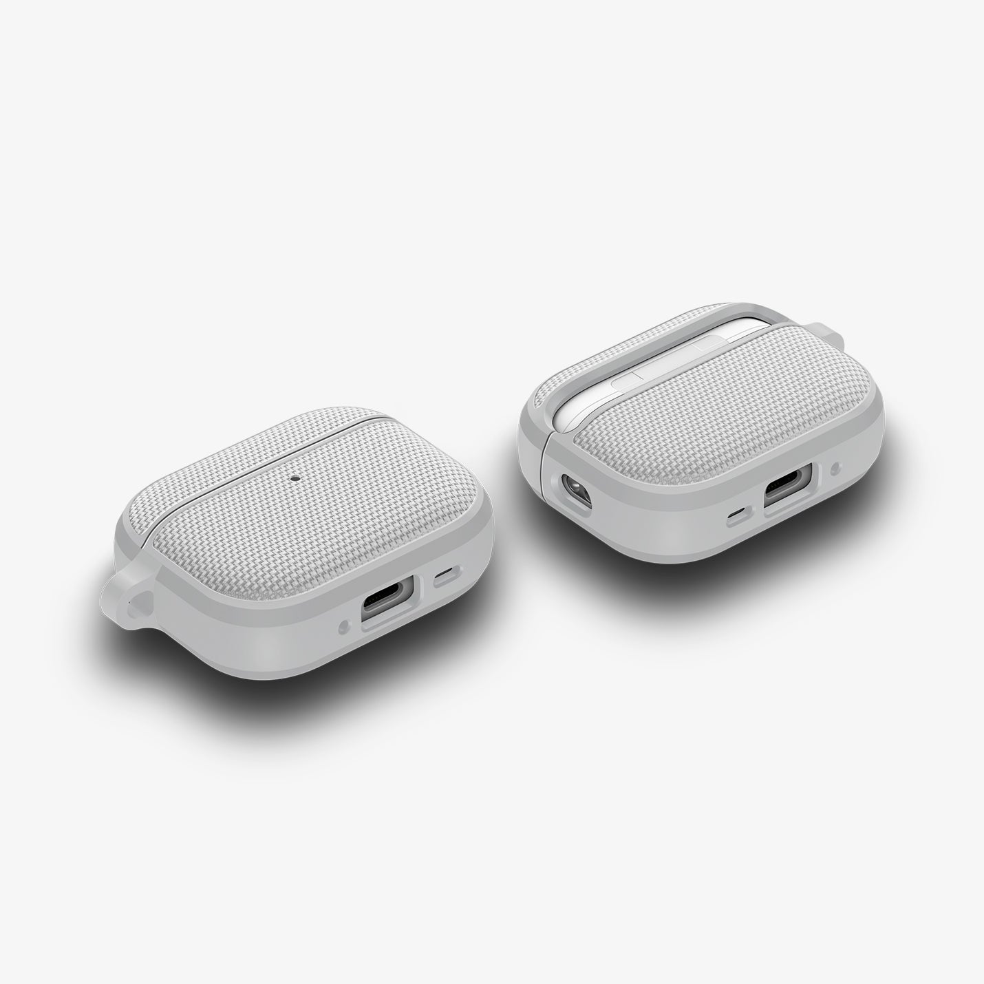 ACS11144 - AirPods Pro 3 Classic Fit case dual angle view highlighting bottom charging port cutout, speaker openings, and textured fabric finish in heather gray