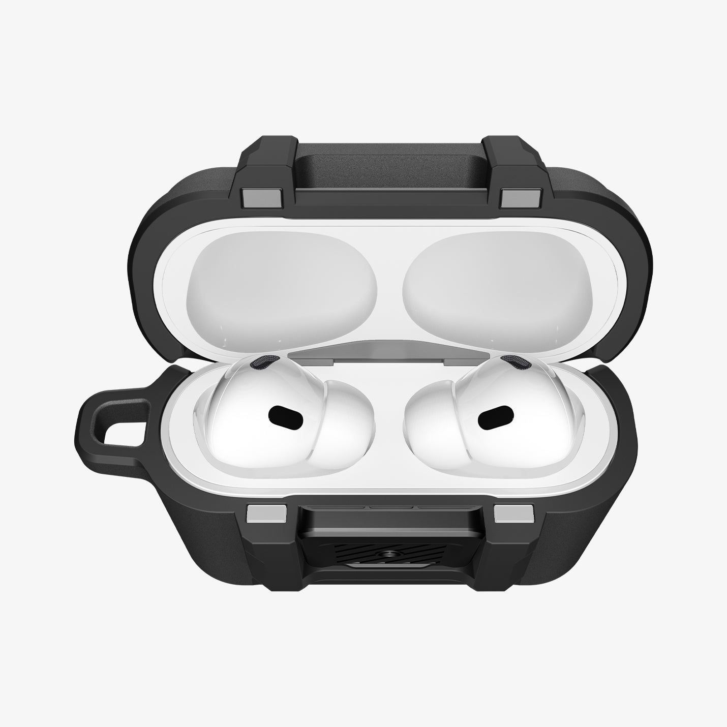 ACS09825 - AirPods Pro 3 Lock Fit in Matte Black showing the front with top open and AirPods inside