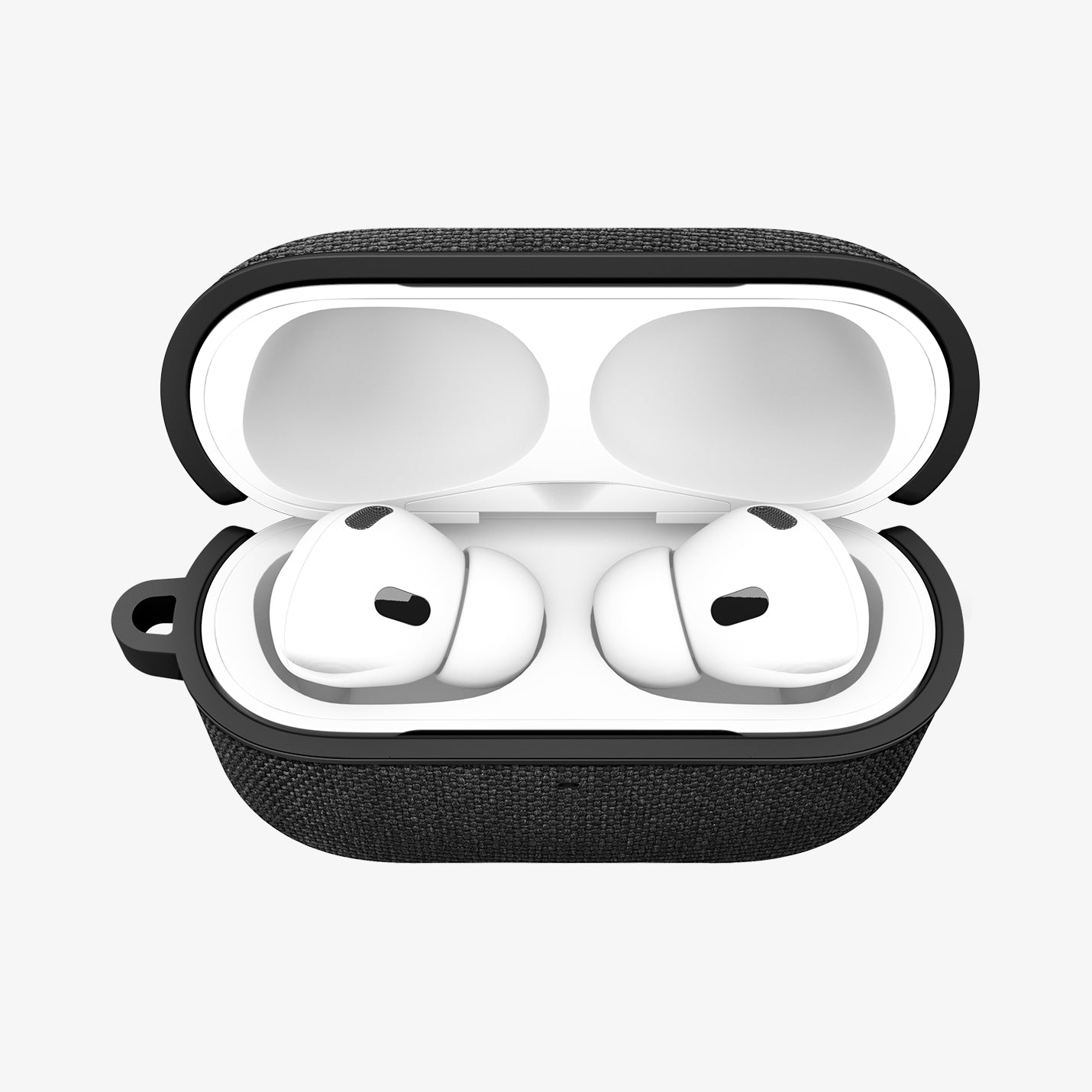 ACS09830 - AirPods Pro 3 Series Urban Fit in Matte Black showing the front with top open and AirPods inside
