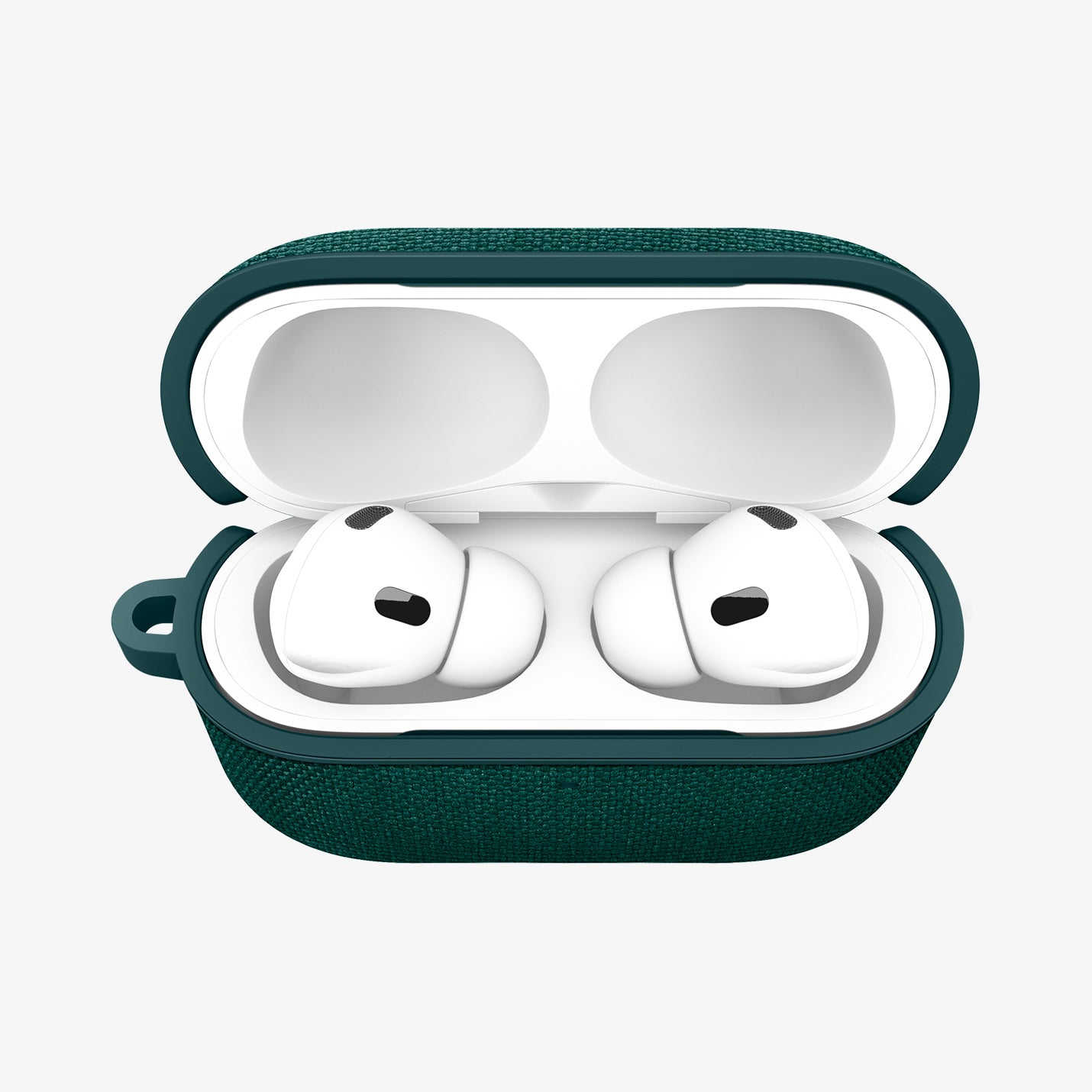 ACS09831 - AirPods Pro 3 Series Urban Fit in Midnight Green showing the front with top open and AirPods inside