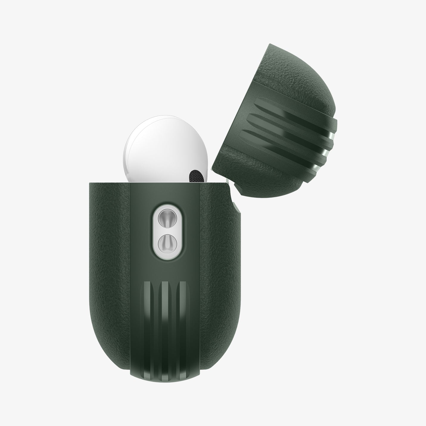 ACS09827 - AirPods Pro 3 Spigen Vault in Midnight Green showing the side with top open and AirPods inside