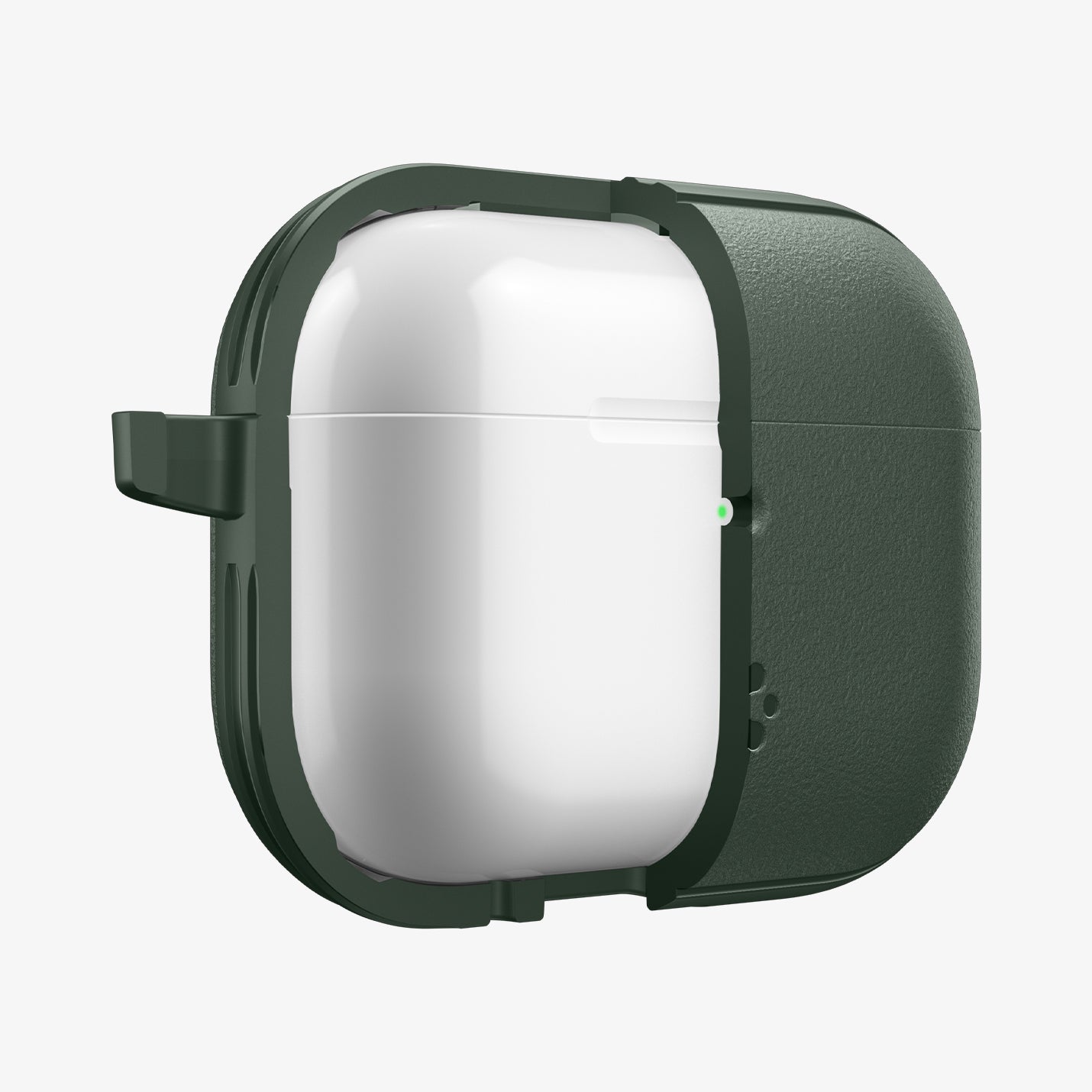 ACS09827 - AirPods Pro 3 Spigen Vault in Midnight Green showing the front with case half cut open