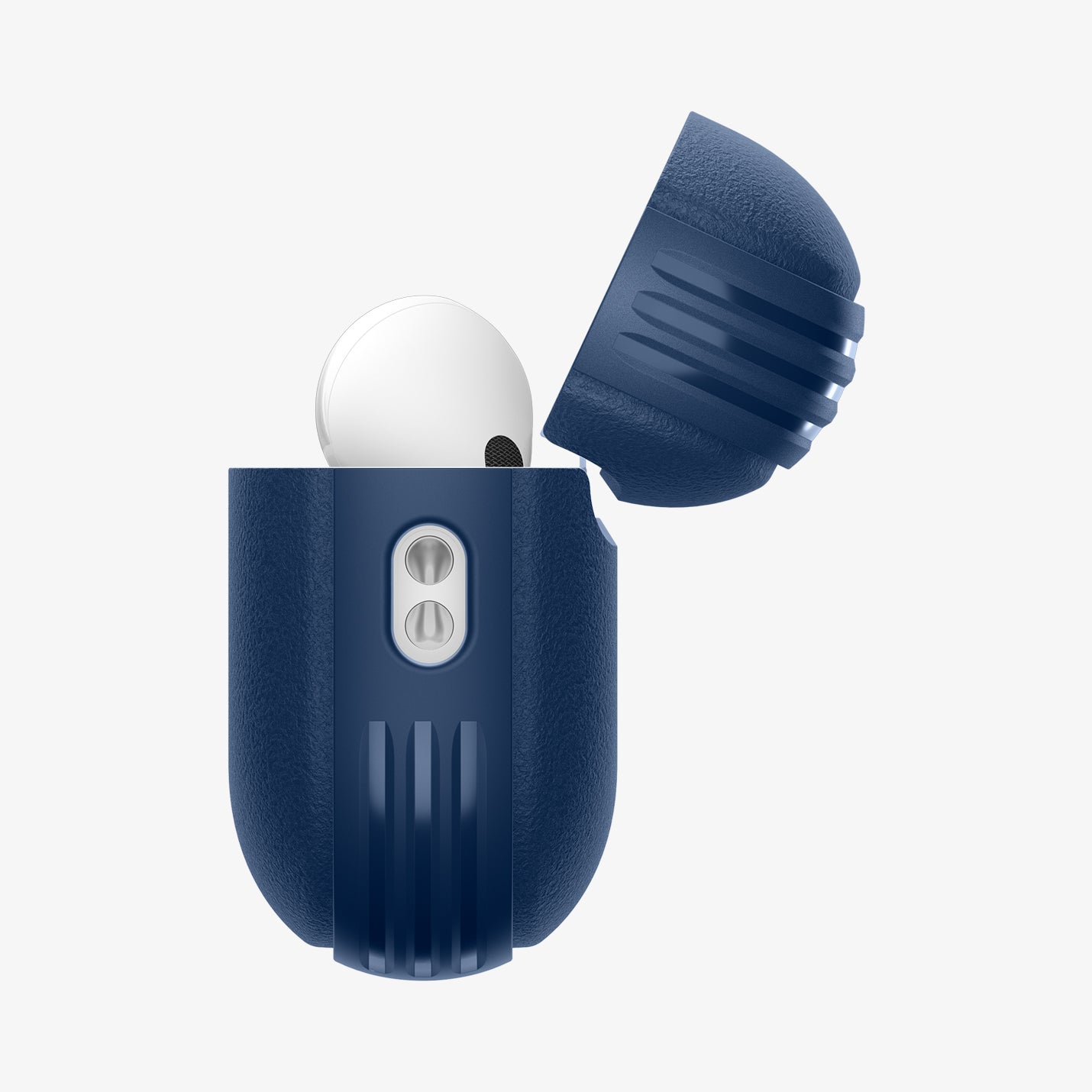 ACS09828 - AirPods Pro 3 Spigen Vault in Navy Blue showing the side with top open and AirPods inside
