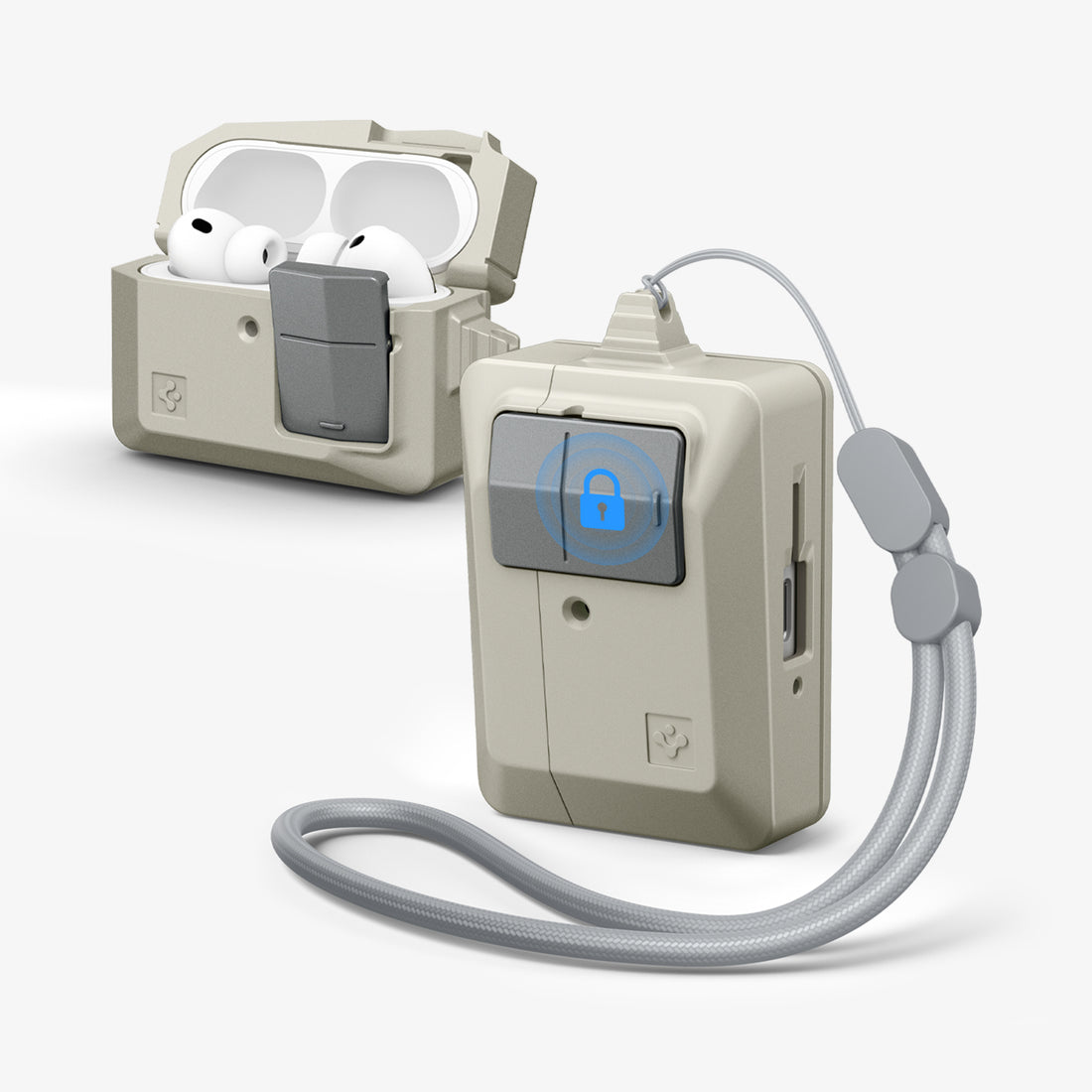 ACS10978 - AirPods Pro 3 Classic LS showing the front and side with strap and a second case with top open and AirPods inside