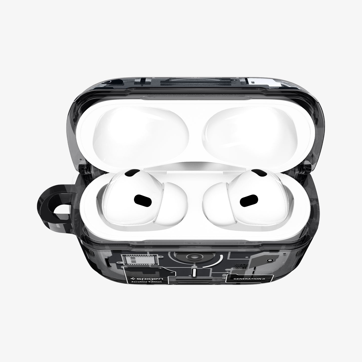 ACS09823 - AirPods Pro 3 Series Ultra Hybrid Zero One (MagFit) in Zero One Black showing the front with top open and AirPods inside