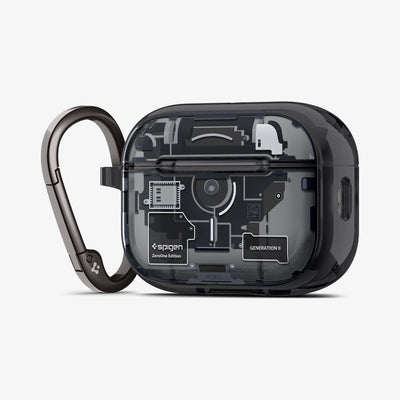 ACS09823 - AirPods Pro 3 Series Ultra Hybrid Zero One (MagFit) in Zero One Black showing the front and side with carabiner