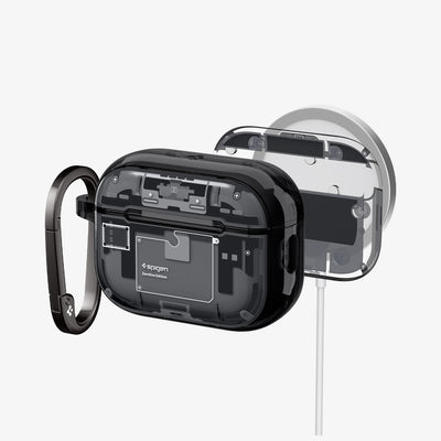 ACS09823 - AirPods Pro 3 Series Ultra Hybrid Zero One (MagFit) in Zero One Black showing front, inside with magnets, and magsafe charging stand