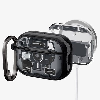 ACS09823 - AirPods Pro 3 Series Ultra Hybrid Zero One (MagFit) in Zero One Black showing front, inside with magnets, and magsafe charging stand