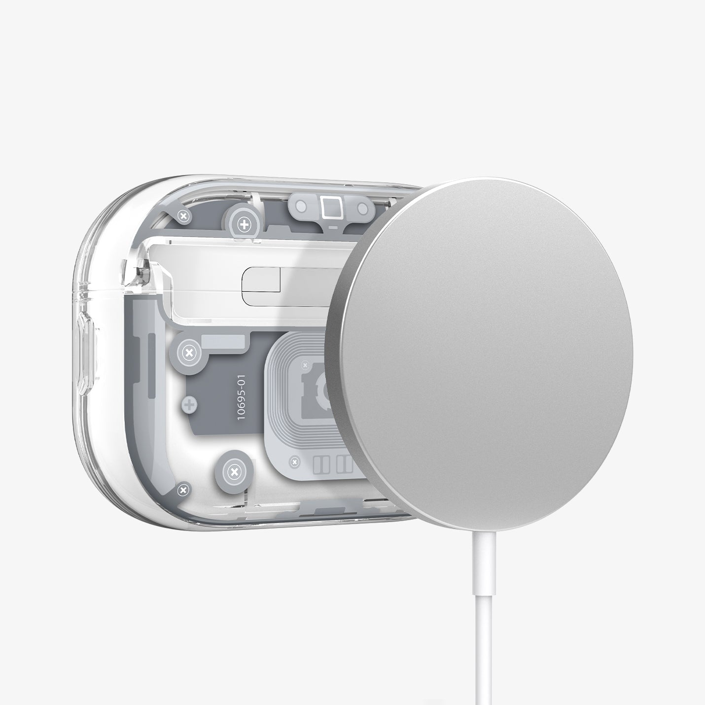 ACS10018 - AirPods Pro 3 Series Ultra Hybrid Zero One (MagFit) in Zero One White showing back with magsafe charger hovering away from AirPods