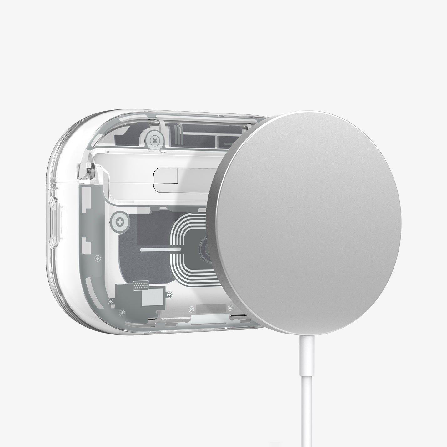 ACS10018 - AirPods Pro 3 Series Ultra Hybrid Zero One (MagFit) in Zero One White showing back with magsafe charger hovering away from AirPods