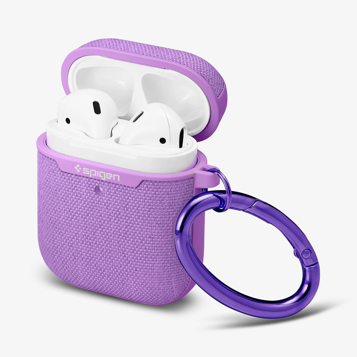 074CS27599  - Apple AirPods 1 / 2 Case Urban Fit in purple showing the front, side, carabiner and top open with AirPods inside