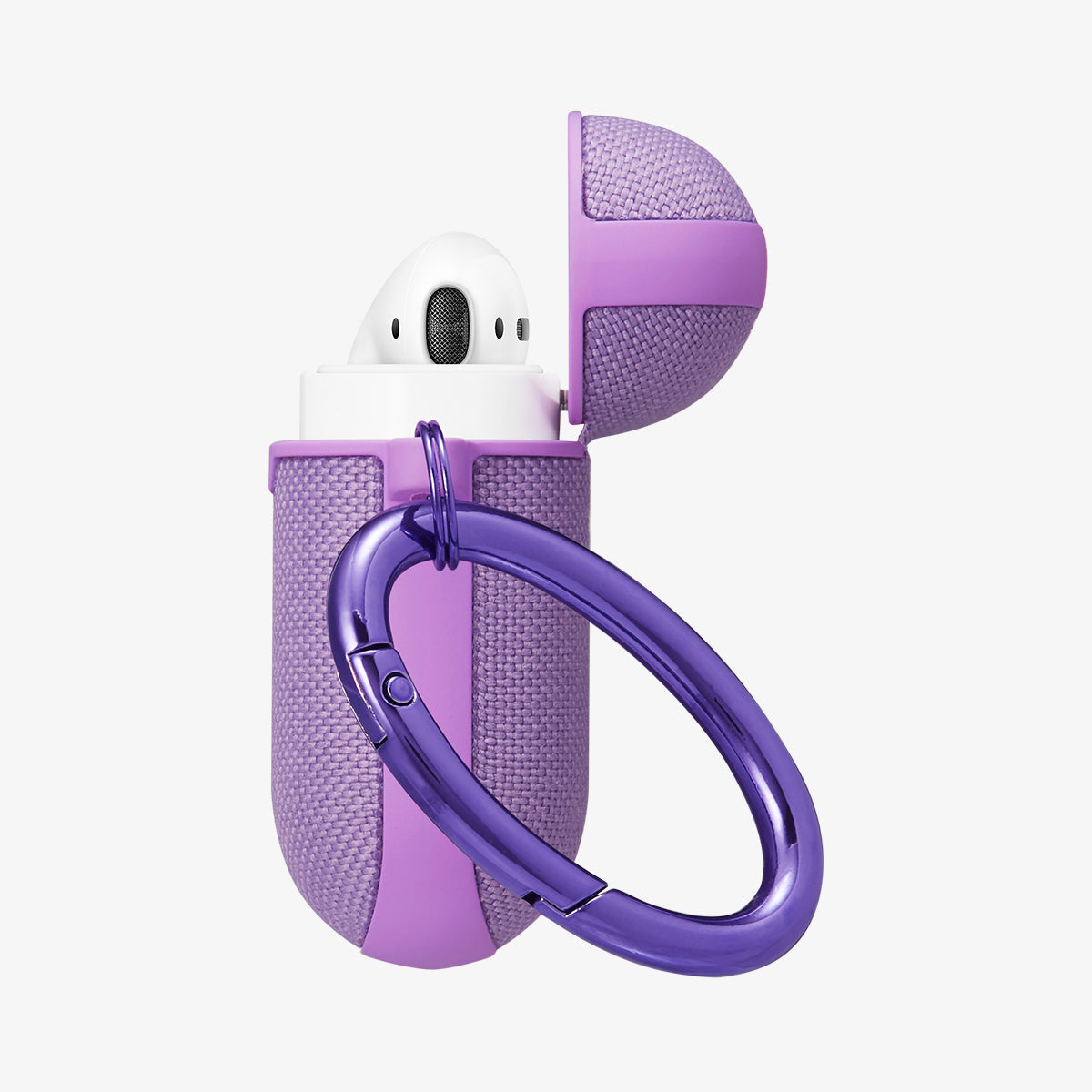 074CS27599  - Apple AirPods 1 / 2 Case Urban Fit in purple showing the side, carabiner and top open with AirPods inside