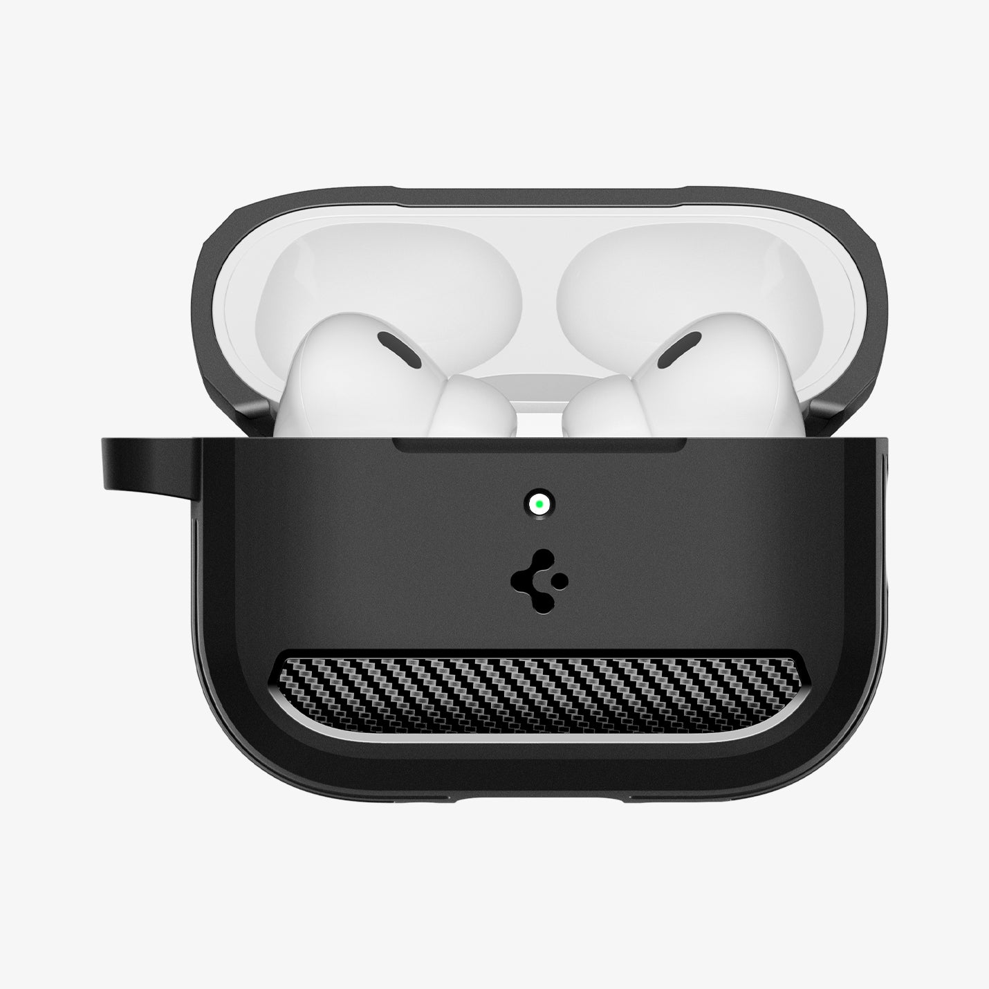 ACS09822 - AirPods Pro 3 Rugged Armor in Matte Black showing the front, half open