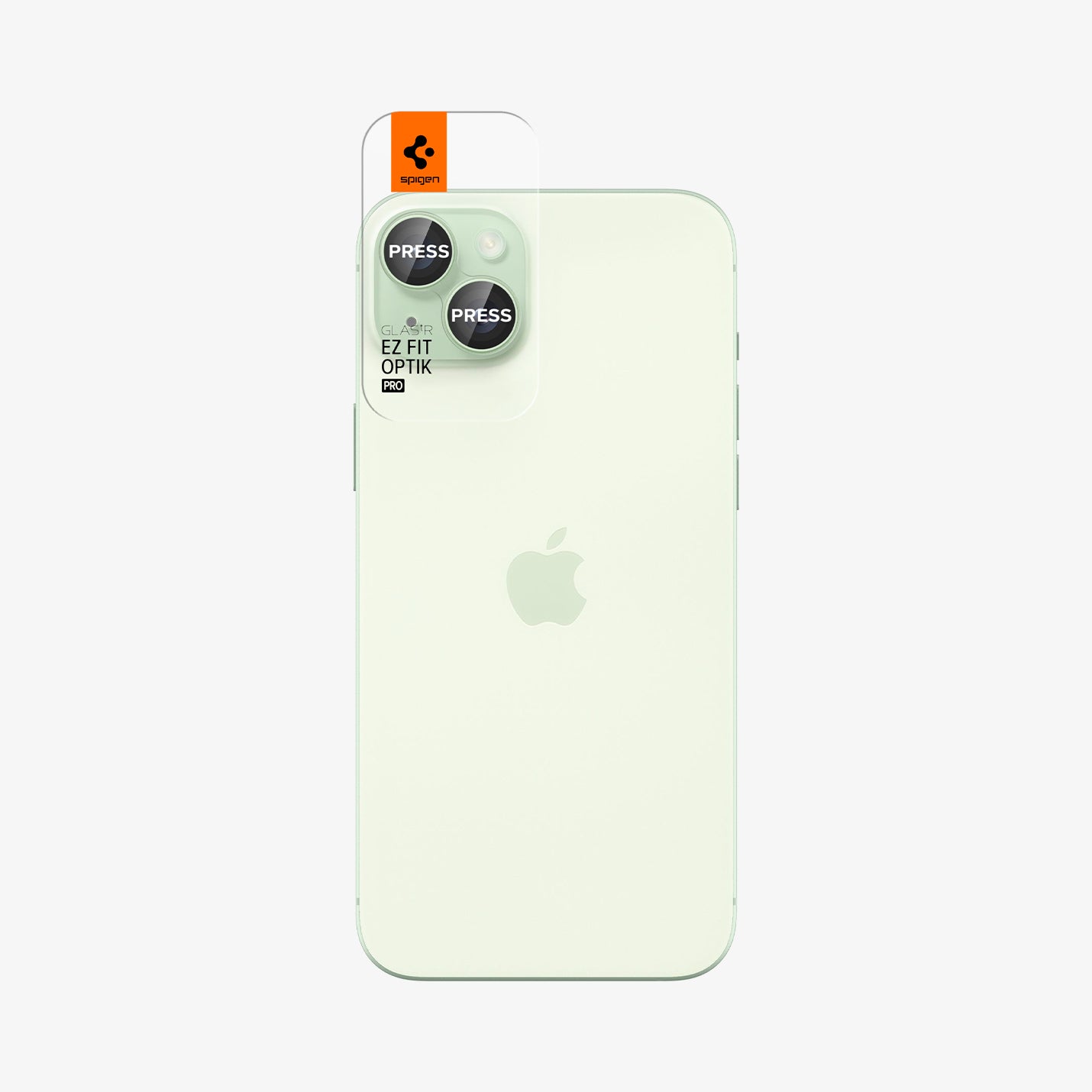 AGL07169 - iPhone 15 Plus Optik Pro EZ Fit Lens Protector in Green showing the back of the device, aligned optic tray to the camera lens