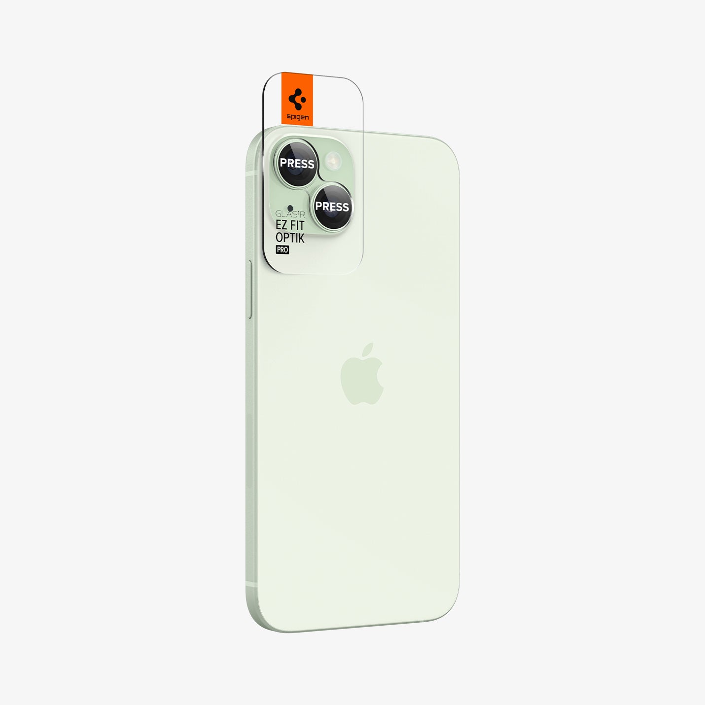 AGL07169 - iPhone 15 Plus Optik Pro EZ Fit Lens Protector in Green showing the back, partial side and optic tray aligned with the device lens
