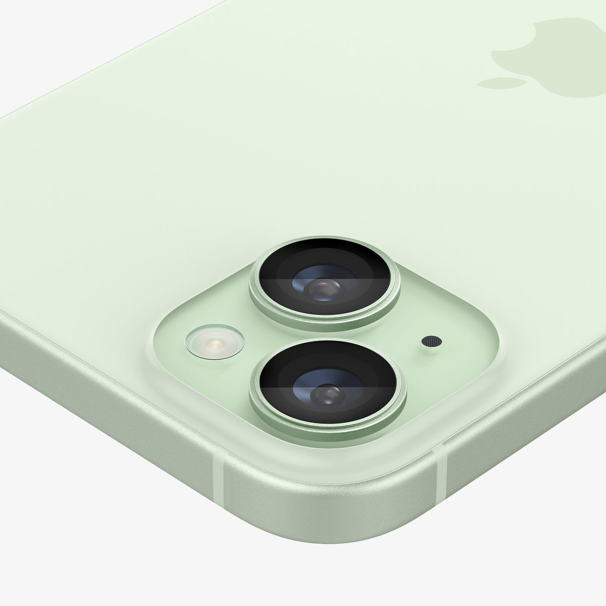 AGL07169 - iPhone 15 Plus Optik Pro EZ Fit Lens Protector in Green showing the back and side, camera lens zoomed in