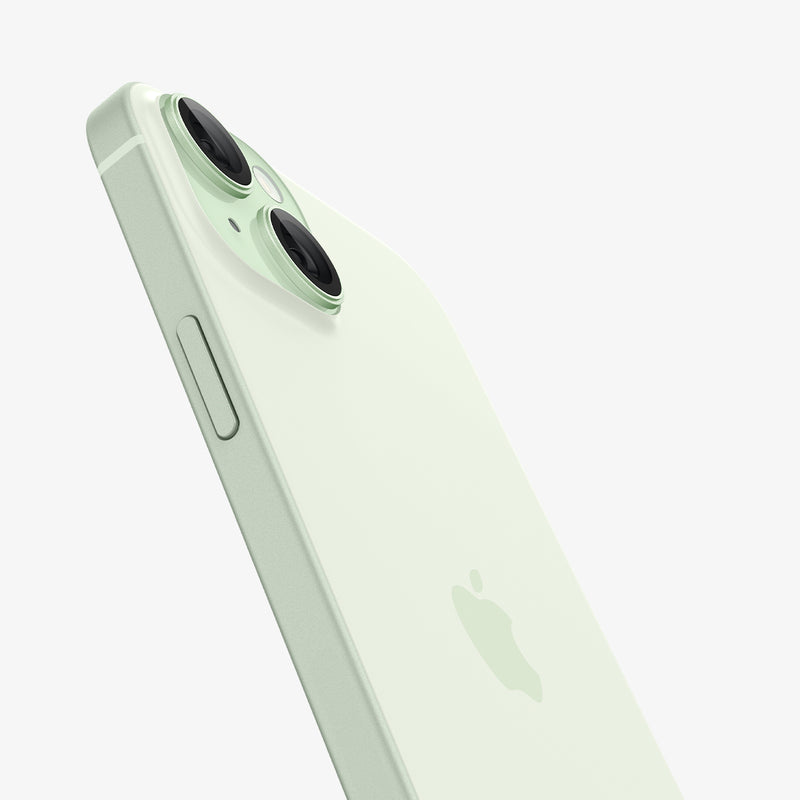 AGL07169 - iPhone 15 Plus Optik Pro EZ Fit Lens Protector in Green showing the partial back and side, camera lens zoomed in