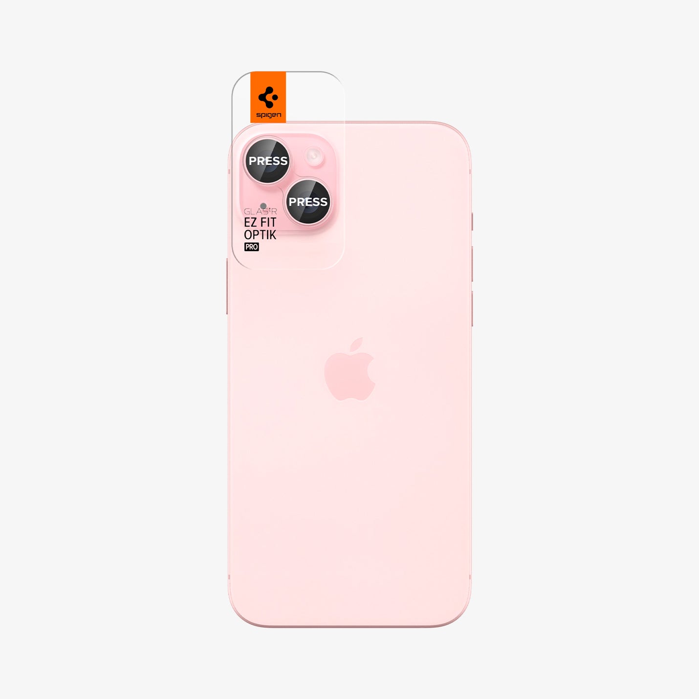 AGL07167 - iPhone 15 Plus Optik Pro EZ Fit Lens Protector in Pinky showing the back of the device, aligned optic tray to the camera lens
